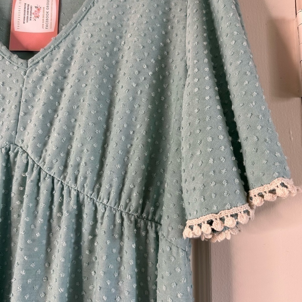 Mint Blue Reborn J dress Women Size Large V Neck Pleated Flowy - Picture 7 of 13